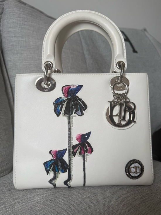 Dior Handbags - Lady Dior White Leather Tote with Sequin Floral Motif